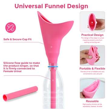 Rdipsie Female Urination Device Female Urinal Silicone Funnel Urine Cups Portable Reusable Women Pee Funnel for Travel, Road Trip, Festival, Camping & Hiking Gear Essentials for Women, Pink…