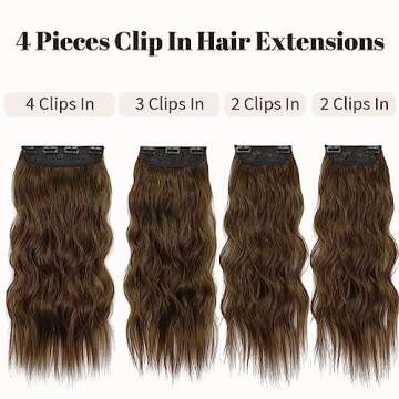 KooKaStyle Clip in Synthetic Hair Extensions Long Wavy 4PCS Thick Hairpieces Chestnut Brown Fiber Do...