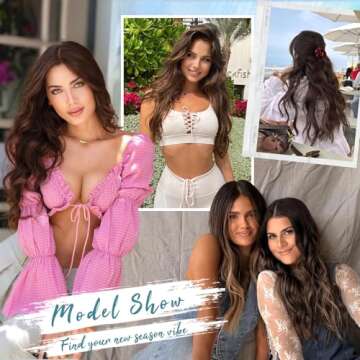 KooKaStyle Clip in Synthetic Hair Extensions Long Wavy 4PCS Thick Hairpieces Chestnut Brown Fiber Double Weft Natural Hair Extensions 20 Inch for Women