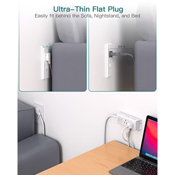 Addtam 5 ft Ultra Flat Extension Cord with 6 Outlets