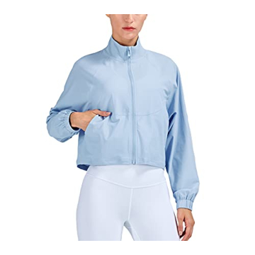 altiland Women's Athletic Running Yoga Gym Track Zip Up Cropped Jackets Long Sleeve Workout Shirts (Airy Blue, Small)