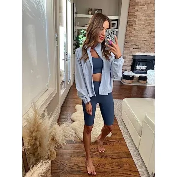 altiland Women's Athletic Running Yoga Gym Track Zip Up Cropped Jackets Long Sleeve Workout Shirts (Airy Blue, Small)