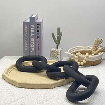 Wood Chain Link Decor | Hand Boho Carved Decor for Table, Shelf Decor Accents Rustic Farmhouse Aesthetic 5 Link Chain Knot Decor, Home Living Room, Bedroom, Entryway Coffee Table Decor (Black)