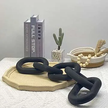 Wood Chain Link Decor | Hand Boho Carved Decor for Table, Shelf Decor Accents Rustic Farmhouse Aesthetic 5 Link Chain Knot Decor, Home Living Room, Bedroom, Entryway Coffee Table Decor (Black)