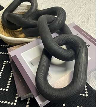 Wood Chain Link Decor | Hand Boho Carved Decor for Table, Shelf Decor Accents Rustic Farmhouse Aesthetic 5 Link Chain Knot Decor, Home Living Room, Bedroom, Entryway Coffee Table Decor (Black)