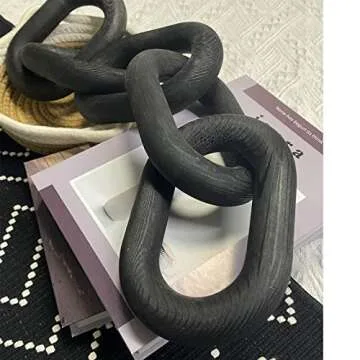 Wood Chain Link Decor | Hand Boho Carved Decor for Table, Shelf Decor Accents Rustic Farmhouse Aesthetic 5 Link Chain Knot Decor, Home Living Room, Bedroom, Entryway Coffee Table Decor (Black)