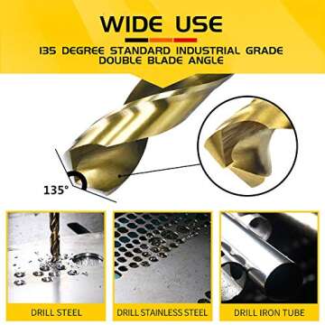Monster & Master Titanium Plated Drill Bit Set, High-Speed Steel Gold Drill Bits with 135 Degree Split Point Tip, 1/16" to 3/8", 29 Pieces