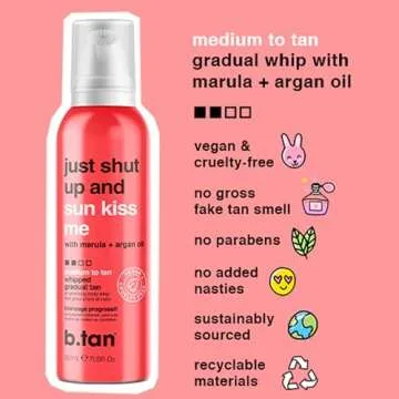 b.tan Medium Gradual Self Tanner Whip | Just Shut Up & Sun Kiss Me - Lightweight, Daily Aerosol Foam to a Build Luscious, Golden Glow, Enriched with Hydrating Marula & Argan Oils, 207ml