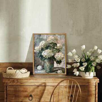 French Country Flower Canvas Wall Art Vintage Hydrangea Painting Retro Botanical Prints Poster Antique Pictures Of Flowers For Wall Vase Floral Artwork Vintage Flower Canvas Art Decor 8x10inch Frame
