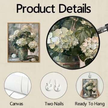 French Country Flower Canvas Wall Art Vintage Hydrangea Painting Retro Botanical Prints Poster Antique Pictures Of Flowers For Wall Vase Floral Artwork Vintage Flower Canvas Art Decor 8x10inch Frame