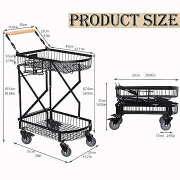 SHINOSKE Foldable Shopping Cart, 20" x 13.8" x 38.38", Black, For Home, Office, Travel