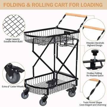 SHINOSKE Foldable Shopping Cart, 20" x 13.8" x 38.38", Black, For Home, Office, Travel