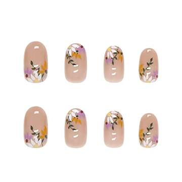 RikView French Tip Press on Nails Medium Acrylic Nails with Flowers Design Almond Fake Nails Nude Na...