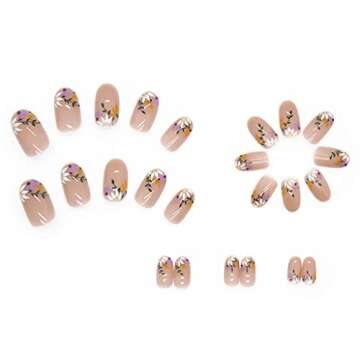 RikView French Tip Press on Nails Medium Acrylic Nails with Flowers Design Almond Fake Nails Nude Nails for Women