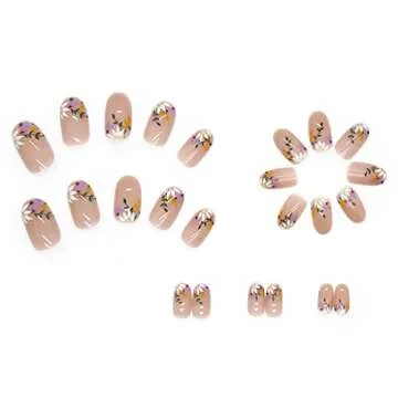 RikView French Tip Press on Nails Medium Acrylic Nails with Flowers Design Almond Fake Nails Nude Nails for Women