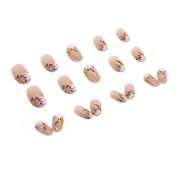 RikView French Tip Press on Nails Medium Acrylic Nails with Flowers Design Almond Fake Nails Nude Nails for Women