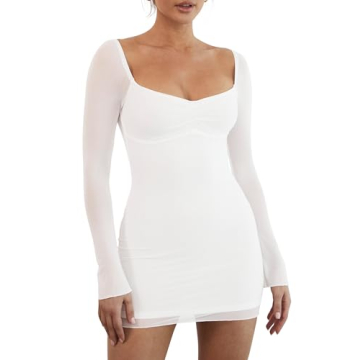 Mokoru Women's Sexy Bodycon Mesh Long Sleeve Square Neck Mini Party Short Dress, Small, White