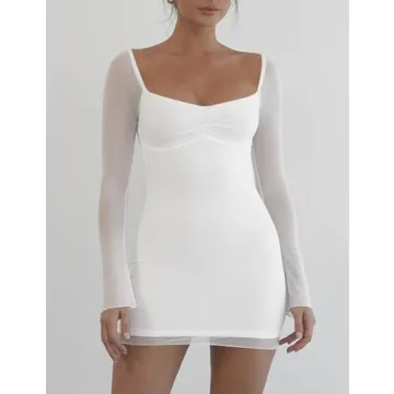 Mokoru Women's Sexy Bodycon Mesh Long Sleeve Dress