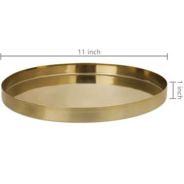 MyGift Brushed Brass Metal Decorative Tray, 11 inch Round Serving Tray - Handcrafted in India