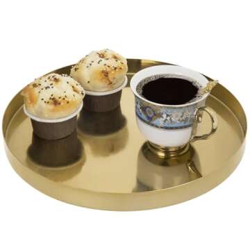 MyGift Brushed Brass Metal Decorative Tray, 11 inch Round Serving Tray - Handcrafted in India