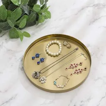 MyGift Brushed Brass Metal Decorative Tray, 11 inch Round Serving Tray - Handcrafted in India