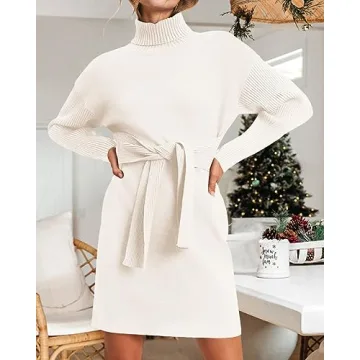 Trendy dowerme Turtleneck Tie Waist Mini Sweater Dress