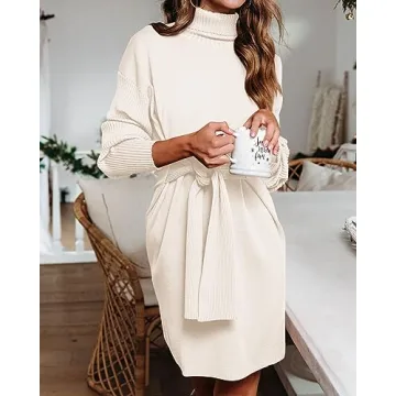 Trendy dowerme Turtleneck Tie Waist Mini Sweater Dress