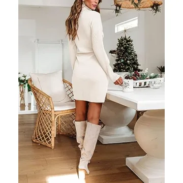 Trendy dowerme Turtleneck Tie Waist Mini Sweater Dress