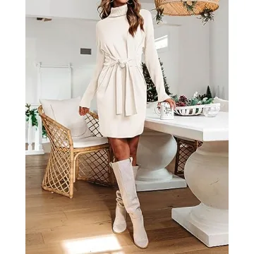 Trendy dowerme Turtleneck Tie Waist Mini Sweater Dress