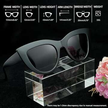 Joopin Polarized Black Cateye Sunglasses Oversized, Retro Chunky Dark Cat Eye Sun Glasses UV Protection