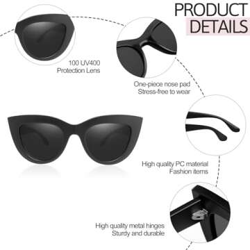 Joopin Polarized Black Cateye Sunglasses Oversized, Retro Chunky Dark Cat Eye Sun Glasses UV Protection