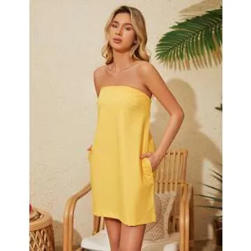 Meladyan Women’s Summer Tube Dress Strapless Backless Mini Tube Dress Smocked Cut Out Relaxed Mini Dresses with Pockets Yellow