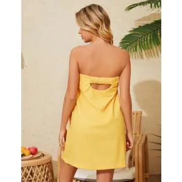 Meladyan Women’s Summer Tube Dress Strapless Backless Mini Tube Dress Smocked Cut Out Relaxed Mini Dresses with Pockets Yellow
