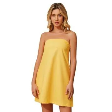 Meladyan Women’s Summer Tube Dress Strapless Backless Mini Tube Dress Smocked Cut Out Relaxed Mini Dresses with Pockets Yellow