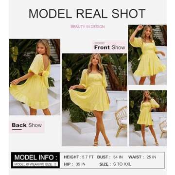 Dokotoo Womens Square Neck Yellow Dress Tie Back Lantern Sleeve Ruffle A-Line Mini Dress Casual Shirred Elastic Waist Summer Dresses for Women Small