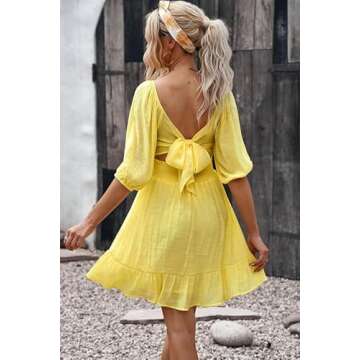 Dokotoo Womens Square Neck Yellow Dress Tie Back Lantern Sleeve Ruffle A-Line Mini Dress Casual Shirred Elastic Waist Summer Dresses for Women Small