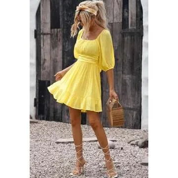 Dokotoo Womens Square Neck Yellow Dress Tie Back Lantern Sleeve Ruffle A-Line Mini Dress Casual Shirred Elastic Waist Summer Dresses for Women Small