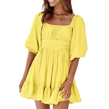 Dokotoo Womens Square Neck Yellow Dress Tie Back Lantern Sleeve Ruffle A-Line Mini Dress Casual Shirred Elastic Waist Summer Dresses for Women Small