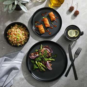 Gibson Home Zuma Stoneware Plates, Bowls, & Mugs Dinnerware Set - Matte Black, Service for Four (16p...