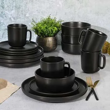 Gibson Home Zuma Stoneware Plates, Bowls, & Mugs Dinnerware Set - Matte Black, Service for Four (16pcs)