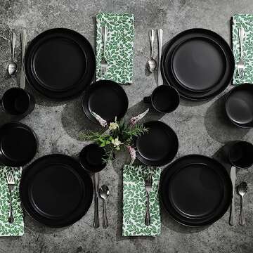 Gibson Home Zuma Stoneware Plates, Bowls, & Mugs Dinnerware Set - Matte Black, Service for Four (16pcs)