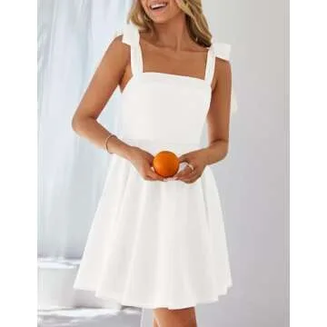 ZESICA Women's 2025 Summer Boho Square Neck Mini Dress Sleeveless Tie Shoulder High Waist Swing A Line Short Sundresses,White,Medium