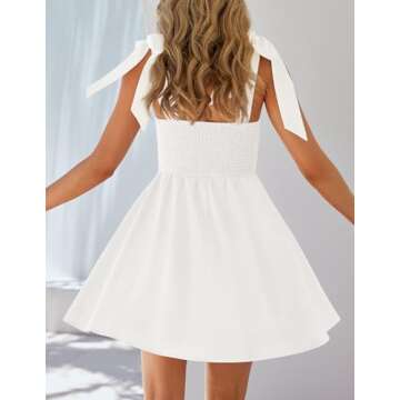 ZESICA Women's 2025 Summer Boho Square Neck Mini Dress Sleeveless Tie Shoulder High Waist Swing A Line Short Sundresses,White,Medium
