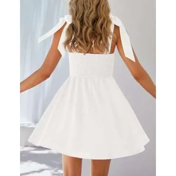 ZESICA Women's 2025 Summer Boho Square Neck Mini Dress Sleeveless Tie Shoulder High Waist Swing A Line Short Sundresses,White,Medium