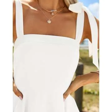 ZESICA Women's 2025 Summer Boho Square Neck Mini Dress Sleeveless Tie Shoulder High Waist Swing A Line Short Sundresses,White,Medium