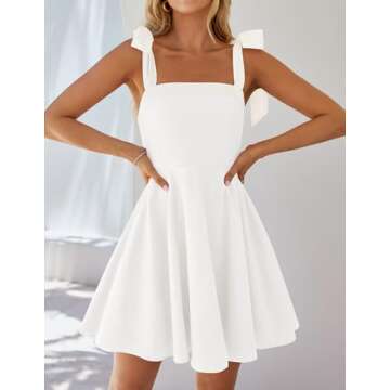 ZESICA Women's 2025 Summer Boho Square Neck Mini Dress Sleeveless Tie Shoulder High Waist Swing A Line Short Sundresses,White,Medium