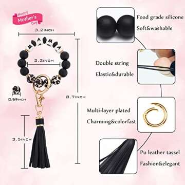 BAOSIWA Gifts for Mom-Silicone Beaded Mama Bracelet Keychain Black Leopard Wristlet Key Ring Bangle ...