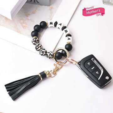 BAOSIWA Gifts for Mom-Silicone Beaded Mama Bracelet Keychain Black Leopard Wristlet Key Ring Bangle Chains Mothers Day Gifts for Mom from Daughter Son