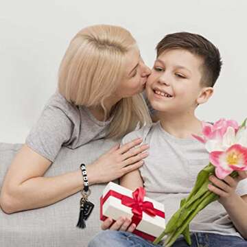 BAOSIWA Gifts for Mom-Silicone Beaded Mama Bracelet Keychain Black Leopard Wristlet Key Ring Bangle Chains Mothers Day Gifts for Mom from Daughter Son