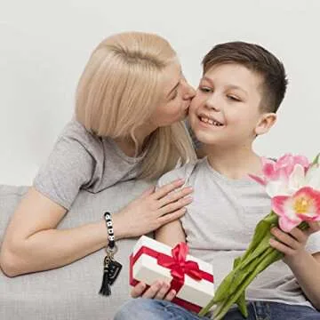 BAOSIWA Gifts for Mom-Silicone Beaded Mama Bracelet Keychain Black Leopard Wristlet Key Ring Bangle Chains Mothers Day Gifts for Mom from Daughter Son